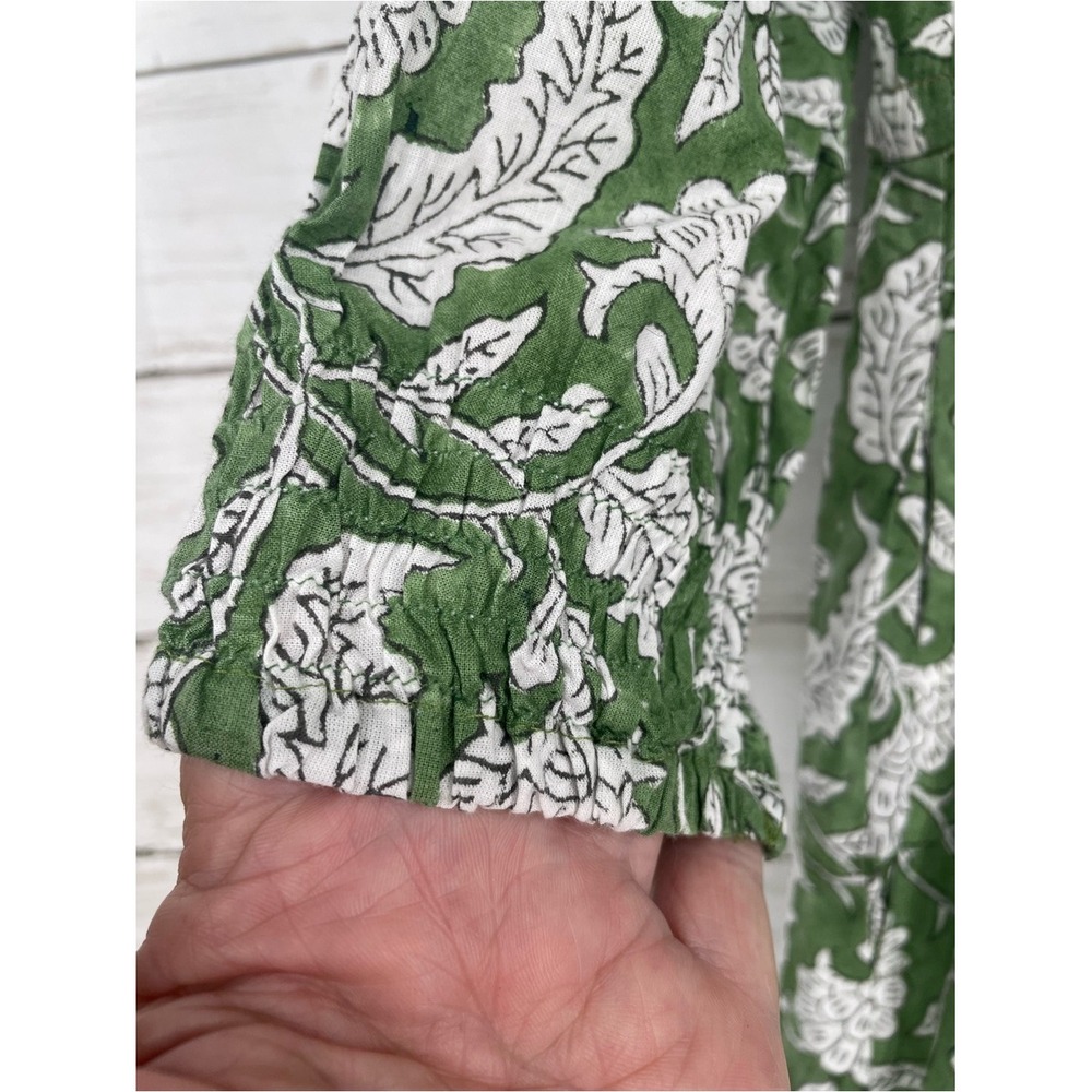 Mod's Mahal Green White Block Print Floral Maxi Dress Size M 100% Cotton Pockets - Picture 4 of 9